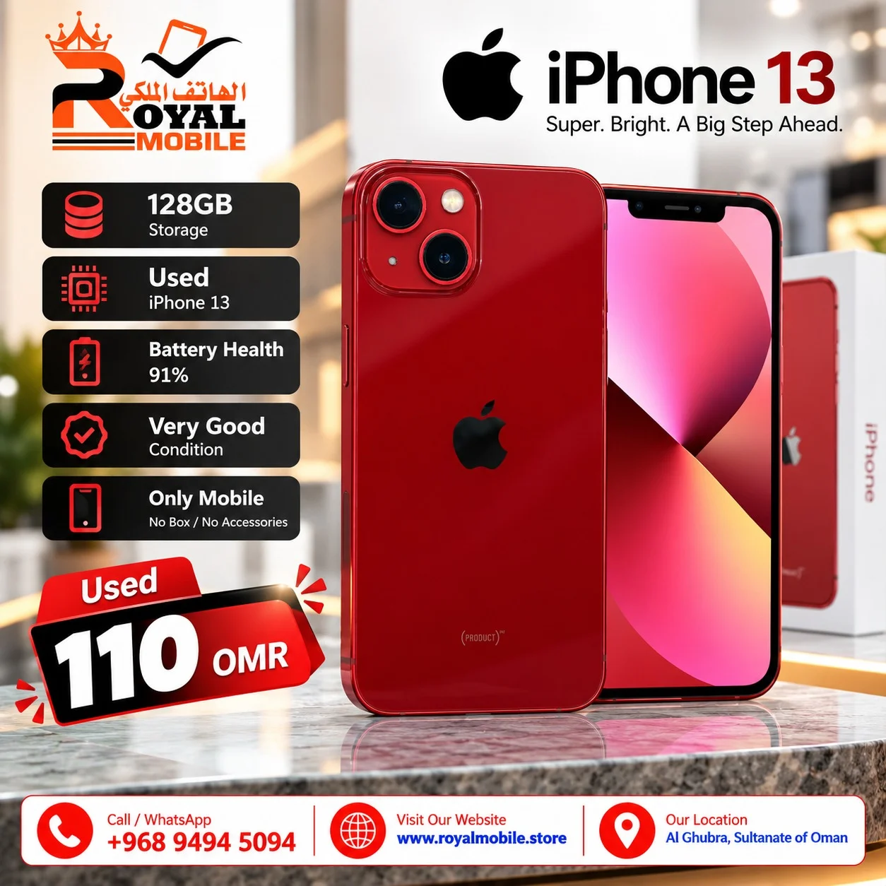 Apple iPhone 13 128GB Red Battery Health 91%