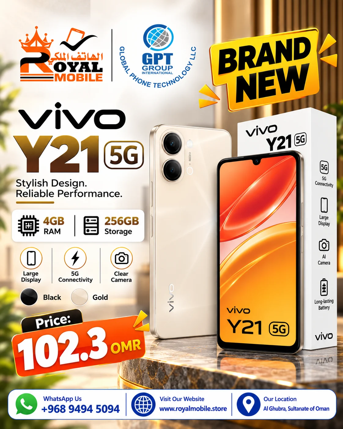 Vivo Y21 5G 4GB RAM 256GB Storage Black/Gold
